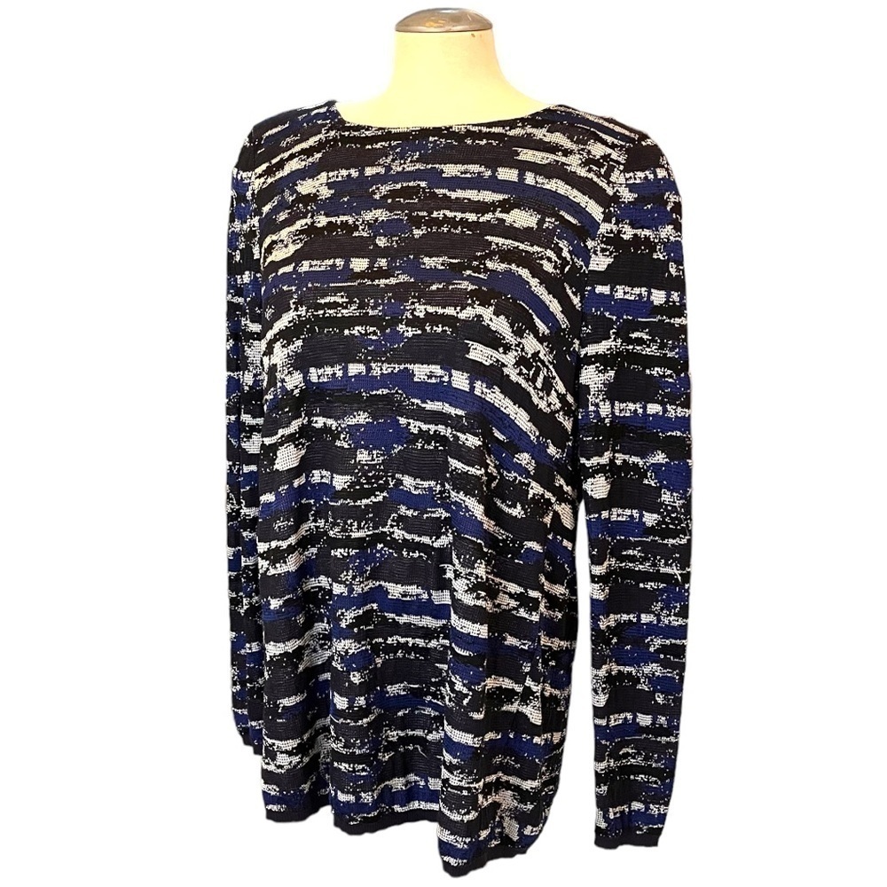 Lafayette 148 Long Sleeve Tunic Jacquard Sweater with Plisse Sheer Back Panel